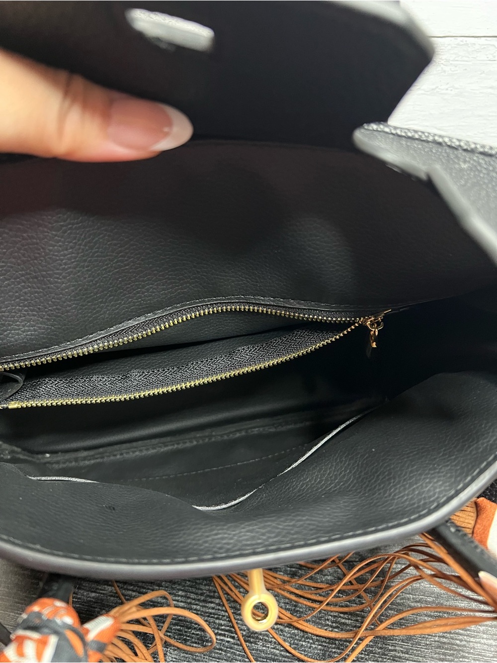 Black Leather Satchel with Orange Fringe and Twill-Handle Wrap - Picture 5 of 6